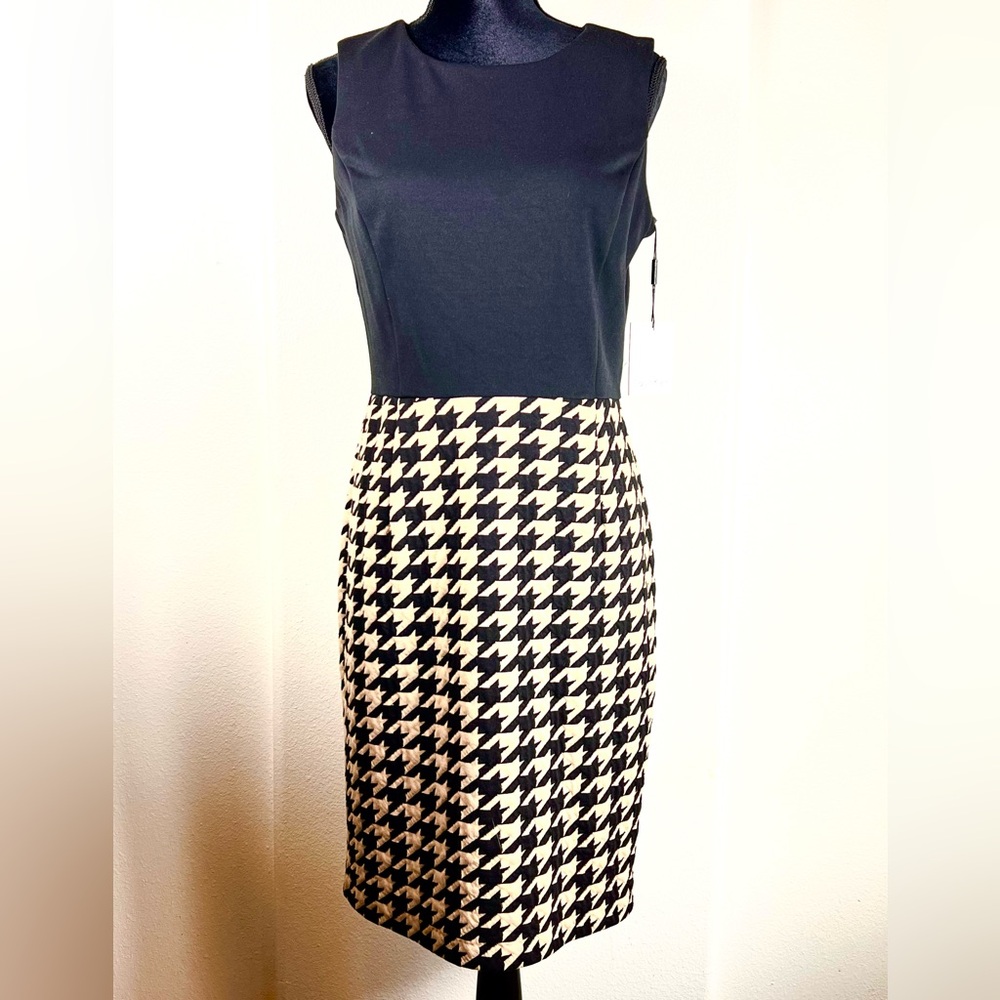 Calvin Klein Black and Tan Houndstooth Midi Shift Dress | Size 6 | NWT